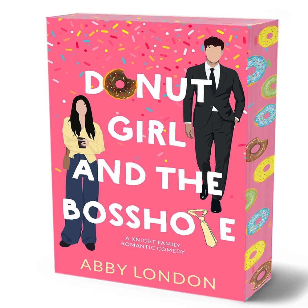 Book cover for 'Donut Girl and the Bosshole' by Abby London, featuring a bright pink background with colorful donut illustrations, large white title text, and illustrated characters of a man in a black suit and a woman in a yellow top and blue pants.